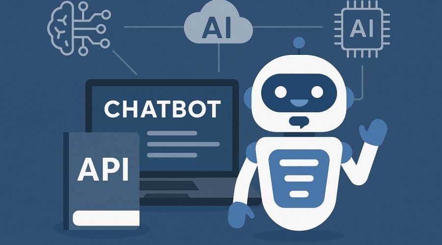 Illustration depicting AI chatbot development tools and APIs, featuring abstract icons of neural networks, chat bubbles, and code blocks, suitable for multilingual business use.