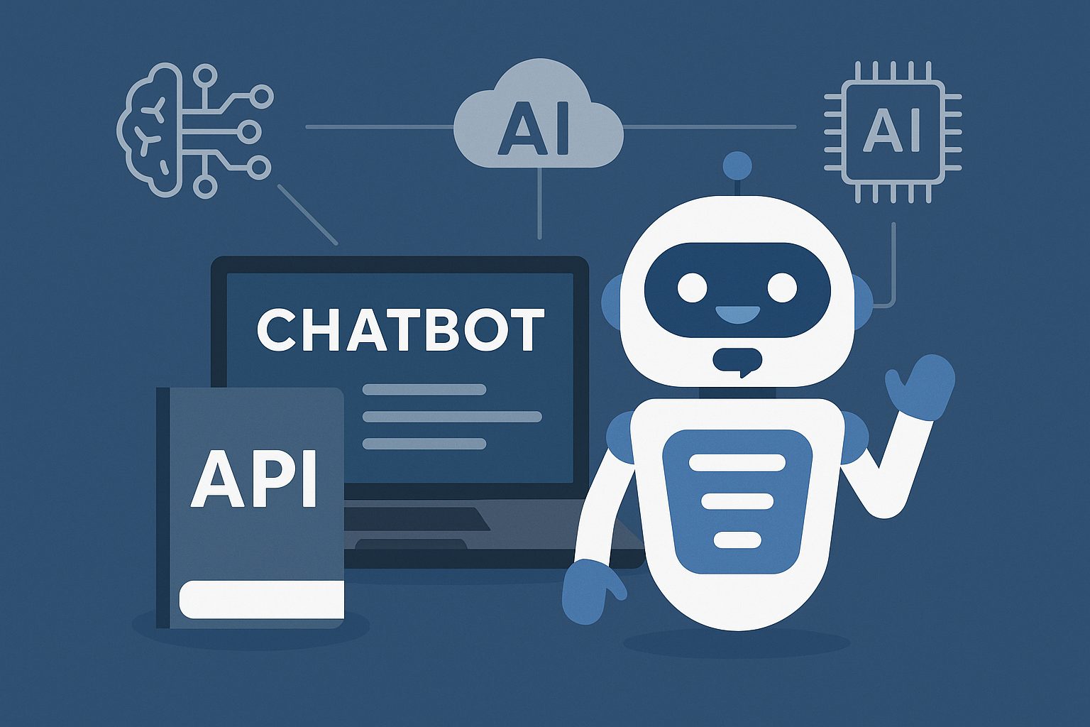 Illustration depicting AI chatbot development tools and APIs, featuring abstract icons of neural networks, chat bubbles, and code blocks, suitable for multilingual business use.