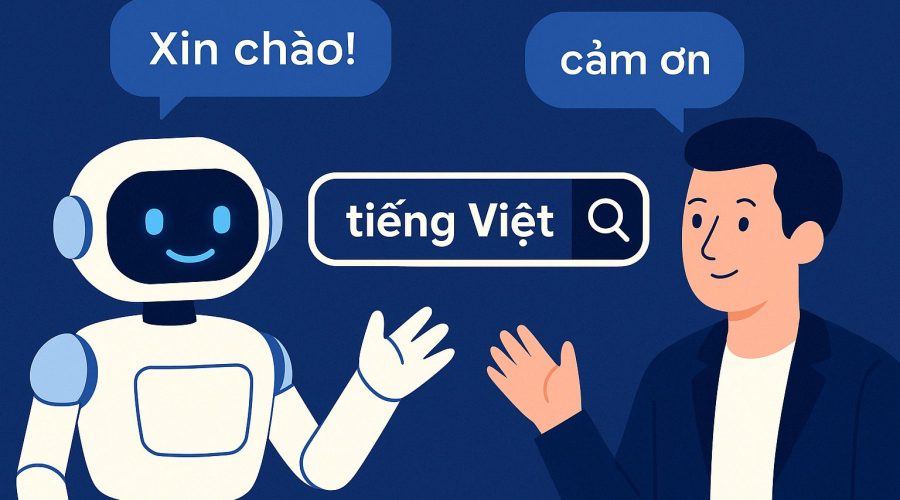 An AI-powered chatbot robot interacting with Vietnamese text on a digital screen, symbolizing the training of chatbots to understand Vietnamese language.