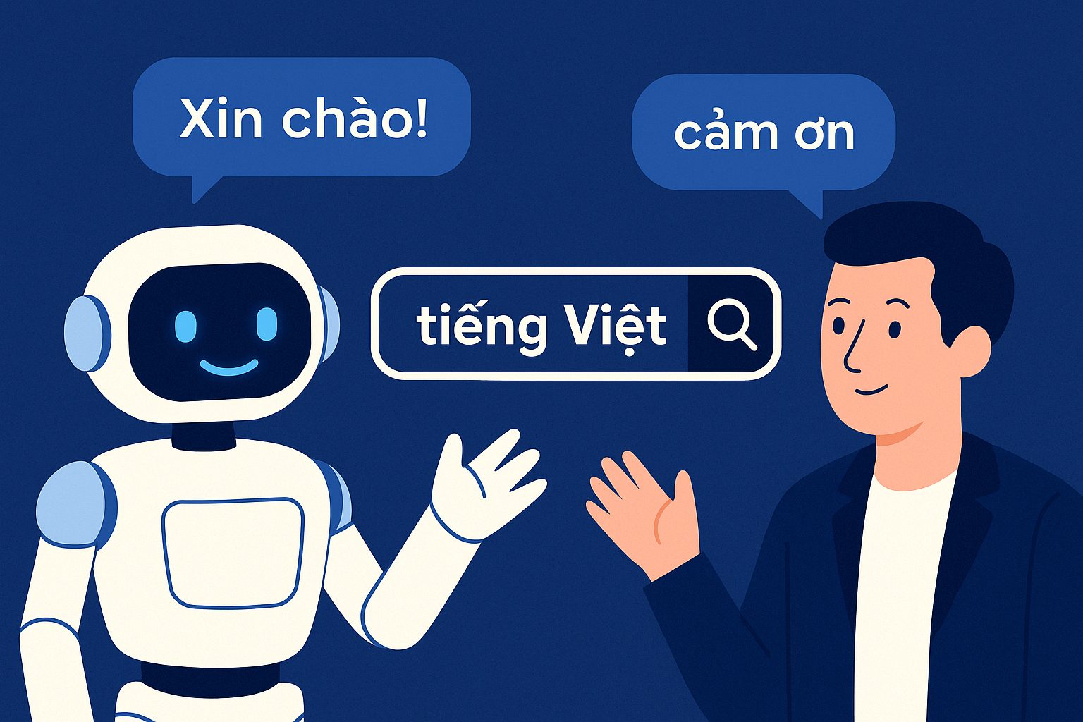 An AI-powered chatbot robot interacting with Vietnamese text on a digital screen, symbolizing the training of chatbots to understand Vietnamese language.