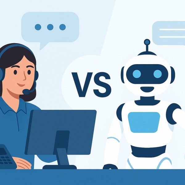 Illustration comparing a human customer service representative and an AI chatbot, symbolizing the contrast between human support and automated AI assistance.