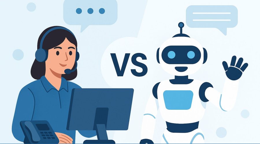 Illustration comparing a human customer service representative and an AI chatbot, symbolizing the contrast between human support and automated AI assistance.