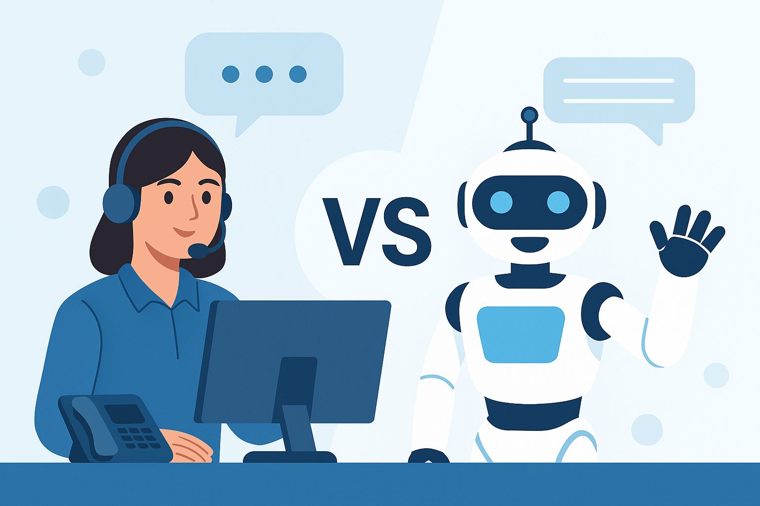Illustration comparing a human customer service representative and an AI chatbot, symbolizing the contrast between human support and automated AI assistance.
