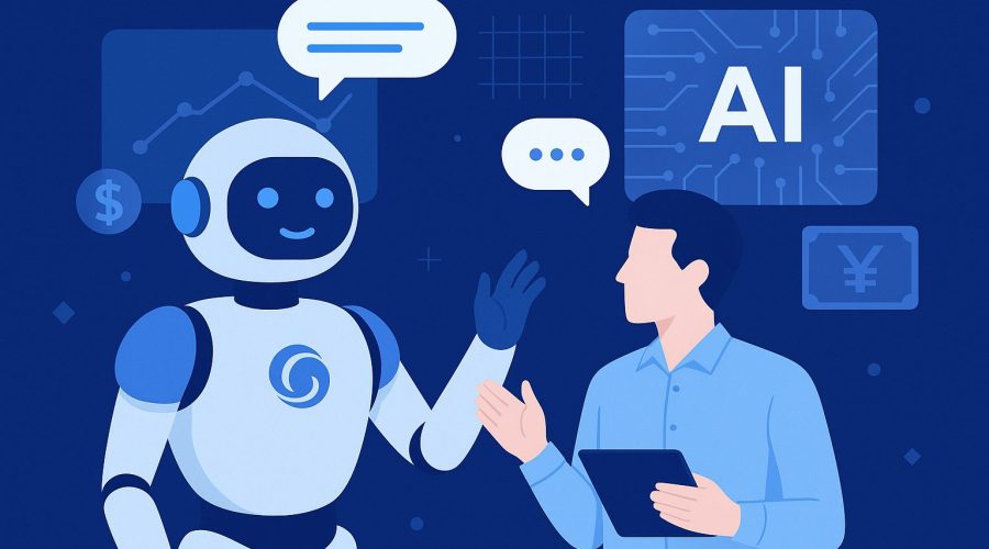 Illustration of a humanoid AI chatbot interacting with a businessman using a tablet, surrounded by financial and technological icons representing chatbot development costs.
