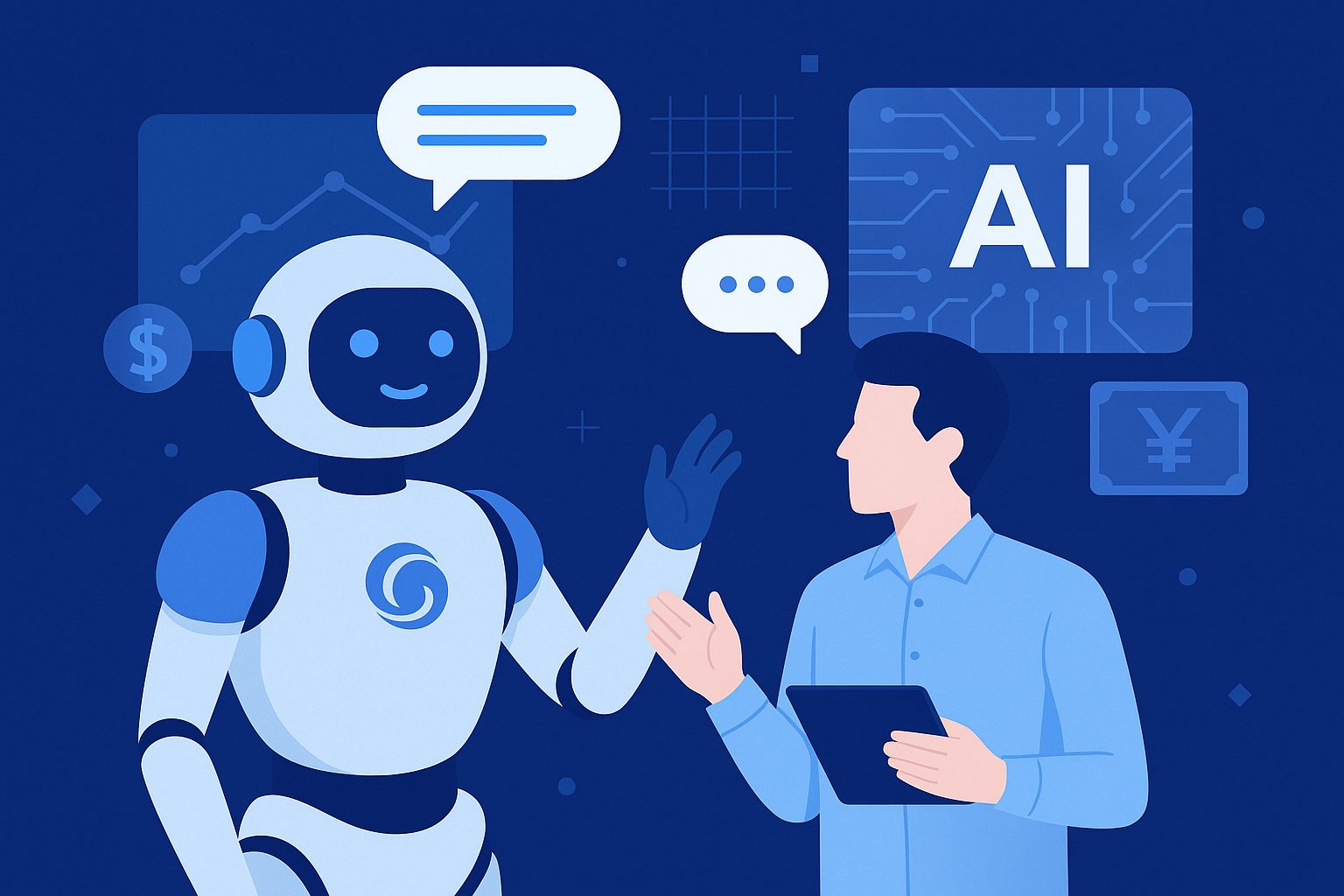 Illustration of a humanoid AI chatbot interacting with a businessman using a tablet, surrounded by financial and technological icons representing chatbot development costs.