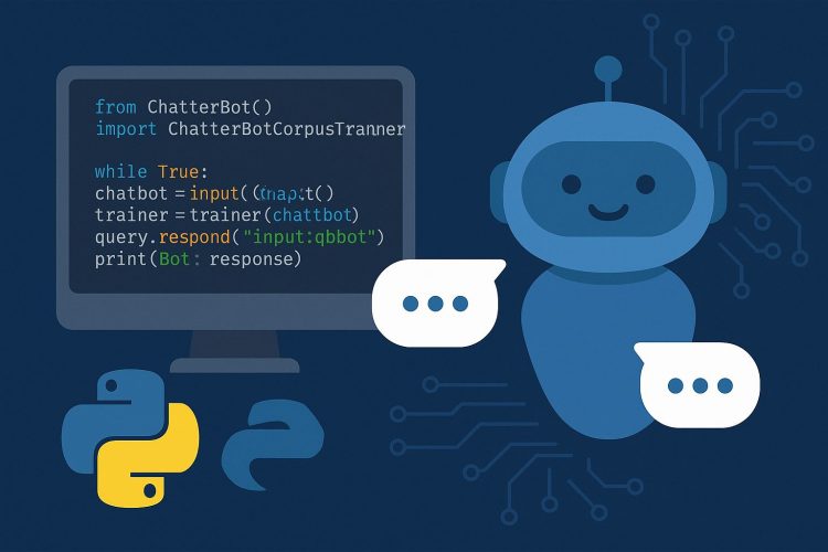 A digital illustration depicting chatbot development using Python, featuring developers interacting with AI interface elements, suitable for content related to multilingual AI chatbot programming by NKKTech Global.