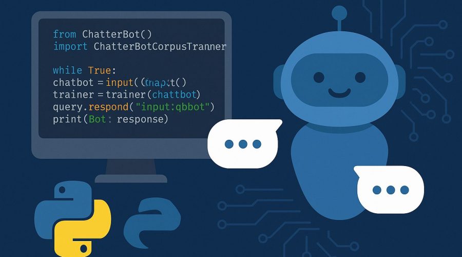 A digital illustration depicting chatbot development using Python, featuring developers interacting with AI interface elements, suitable for content related to multilingual AI chatbot programming by NKKTech Global.