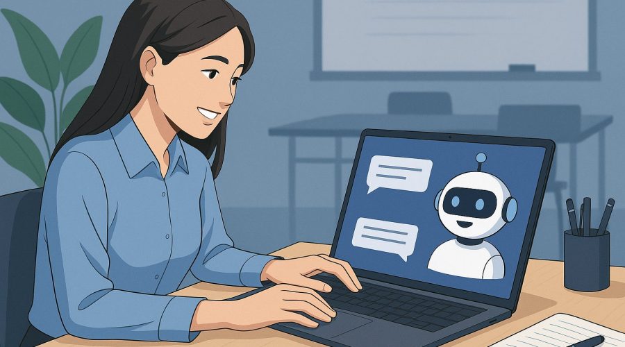 A high-resolution digital illustration showing a young student interacting with an AI-powered chatbot on a tablet, symbolizing the integration of artificial intelligence in Vietnam's education sector.
