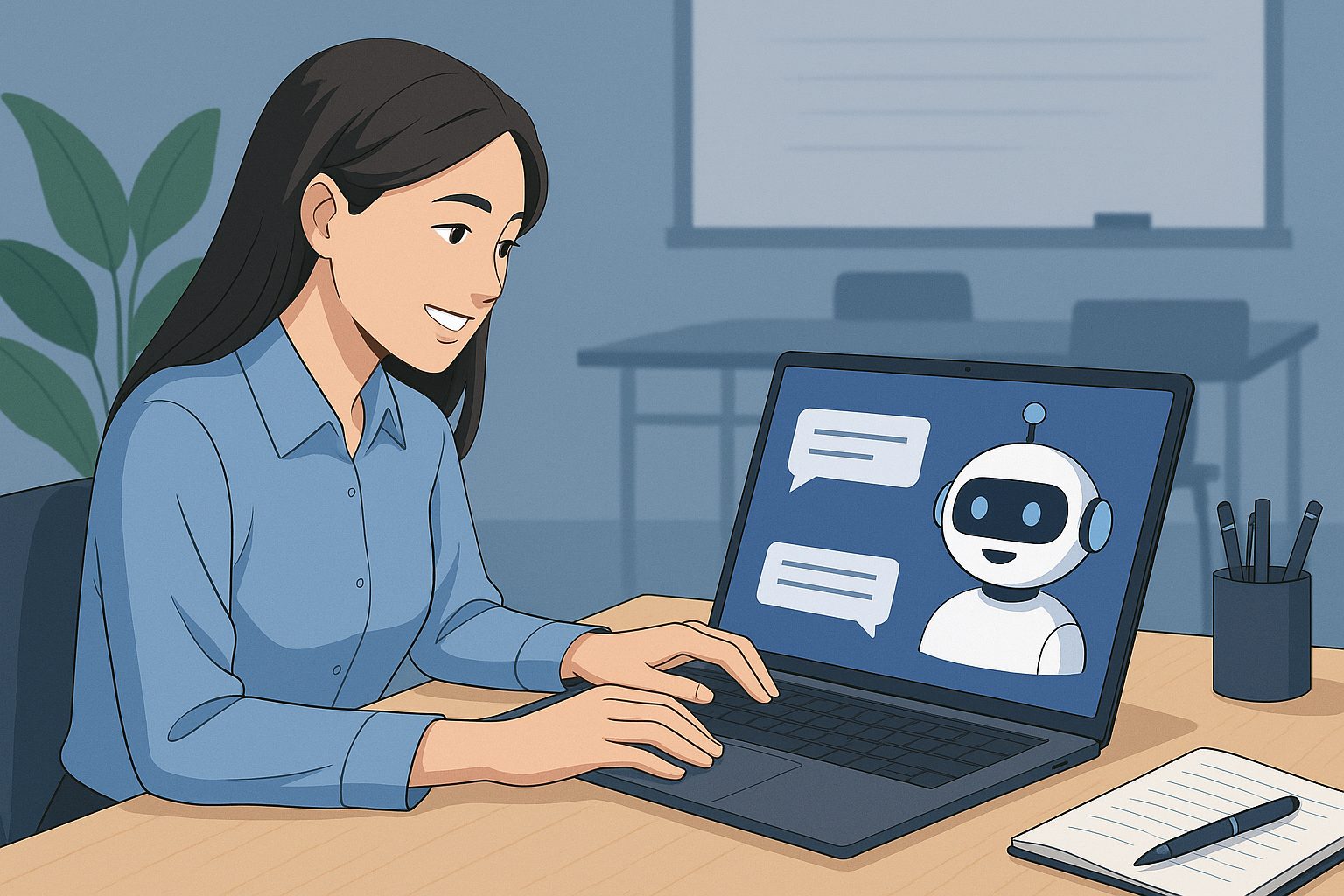A high-resolution digital illustration showing a young student interacting with an AI-powered chatbot on a tablet, symbolizing the integration of artificial intelligence in Vietnam's education sector.