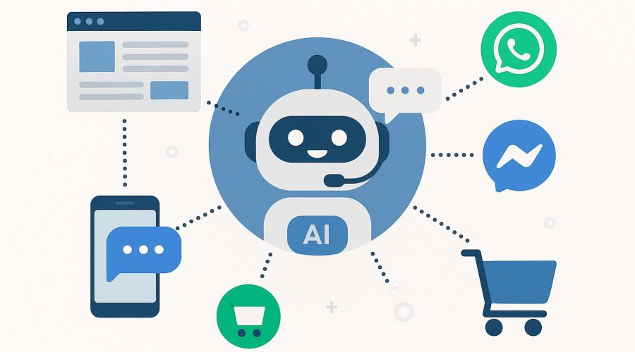 A digital illustration of an AI chatbot at the center of a multichannel sales ecosystem, connected to icons representing a website, smartphone, Facebook Messenger, WhatsApp, and shopping cart, symbolizing automated customer interaction across platforms.