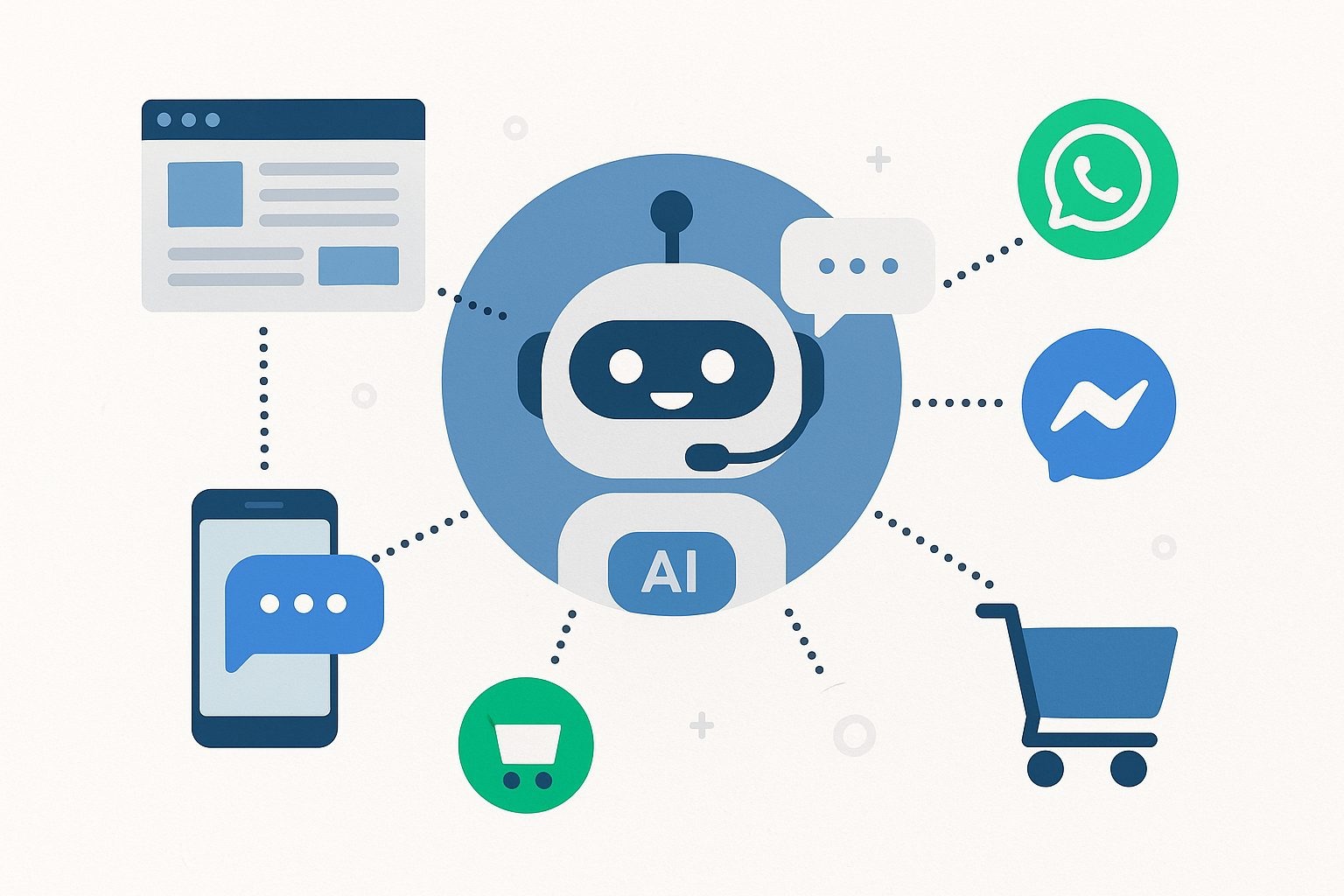 A digital illustration of an AI chatbot at the center of a multichannel sales ecosystem, connected to icons representing a website, smartphone, Facebook Messenger, WhatsApp, and shopping cart, symbolizing automated customer interaction across platforms.