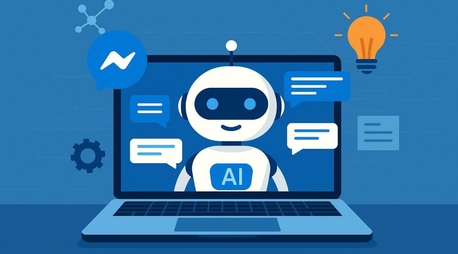 Illustration of a laptop displaying AI chatbot integration with Facebook Messenger, symbolizing automation and smart communication in business environments.
