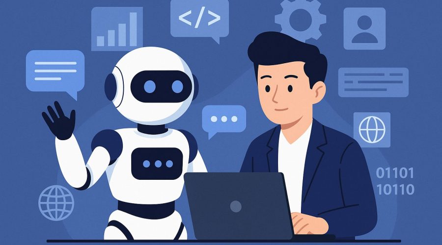 AI chatbot development concept illustration featuring a human developer and a robot assistant collaborating, representing NKKTech Global’s expertise in smart automation.