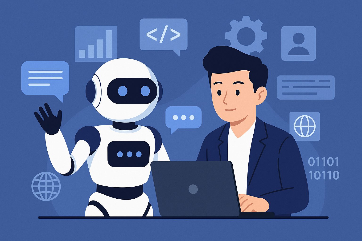 AI chatbot development concept illustration featuring a human developer and a robot assistant collaborating, representing NKKTech Global’s expertise in smart automation.