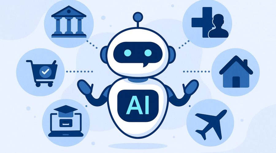 A digital illustration showing the application of AI chatbots in various industries such as finance, e-commerce, education, healthcare, and logistics in Vietnam.
