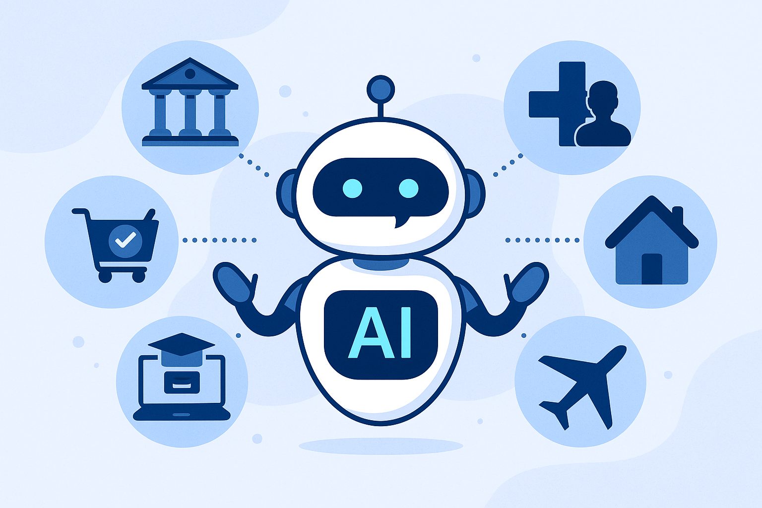 A digital illustration showing the application of AI chatbots in various industries such as finance, e-commerce, education, healthcare, and logistics in Vietnam.