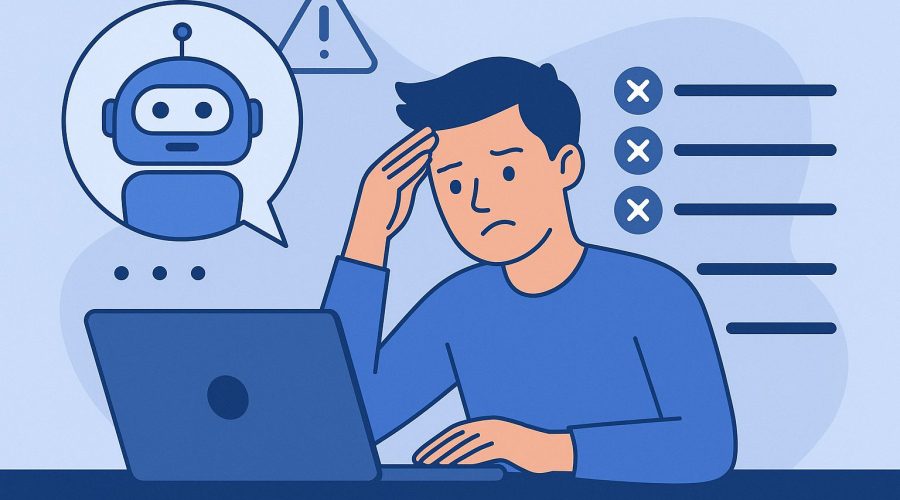 A young man looking frustrated at his laptop while interacting with an AI chatbot, surrounded by warning signs and a checklist of common chatbot development mistakes, illustrated in a flat, minimalist style.