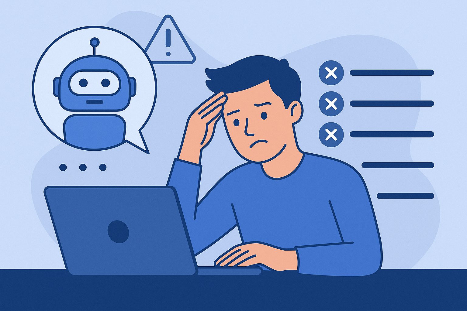 A young man looking frustrated at his laptop while interacting with an AI chatbot, surrounded by warning signs and a checklist of common chatbot development mistakes, illustrated in a flat, minimalist style.