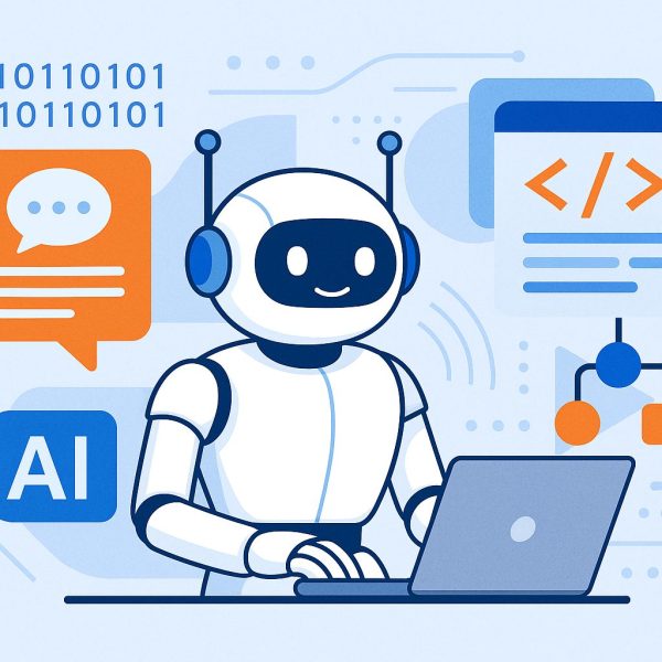 A digital illustration of a friendly humanoid AI robot interacting with a laptop, surrounded by elements representing chatbot development, including code snippets, speech bubbles, and AI symbols.