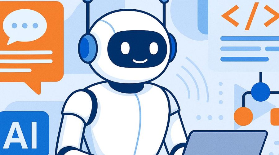 A digital illustration of a friendly humanoid AI robot interacting with a laptop, surrounded by elements representing chatbot development, including code snippets, speech bubbles, and AI symbols.