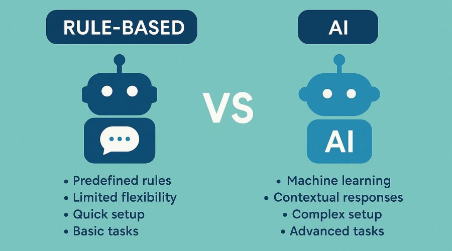 A visual comparison between rule-based and AI-powered chatbots, illustrating differences in functionality, adaptability, and user interaction flow in a modern flat design.