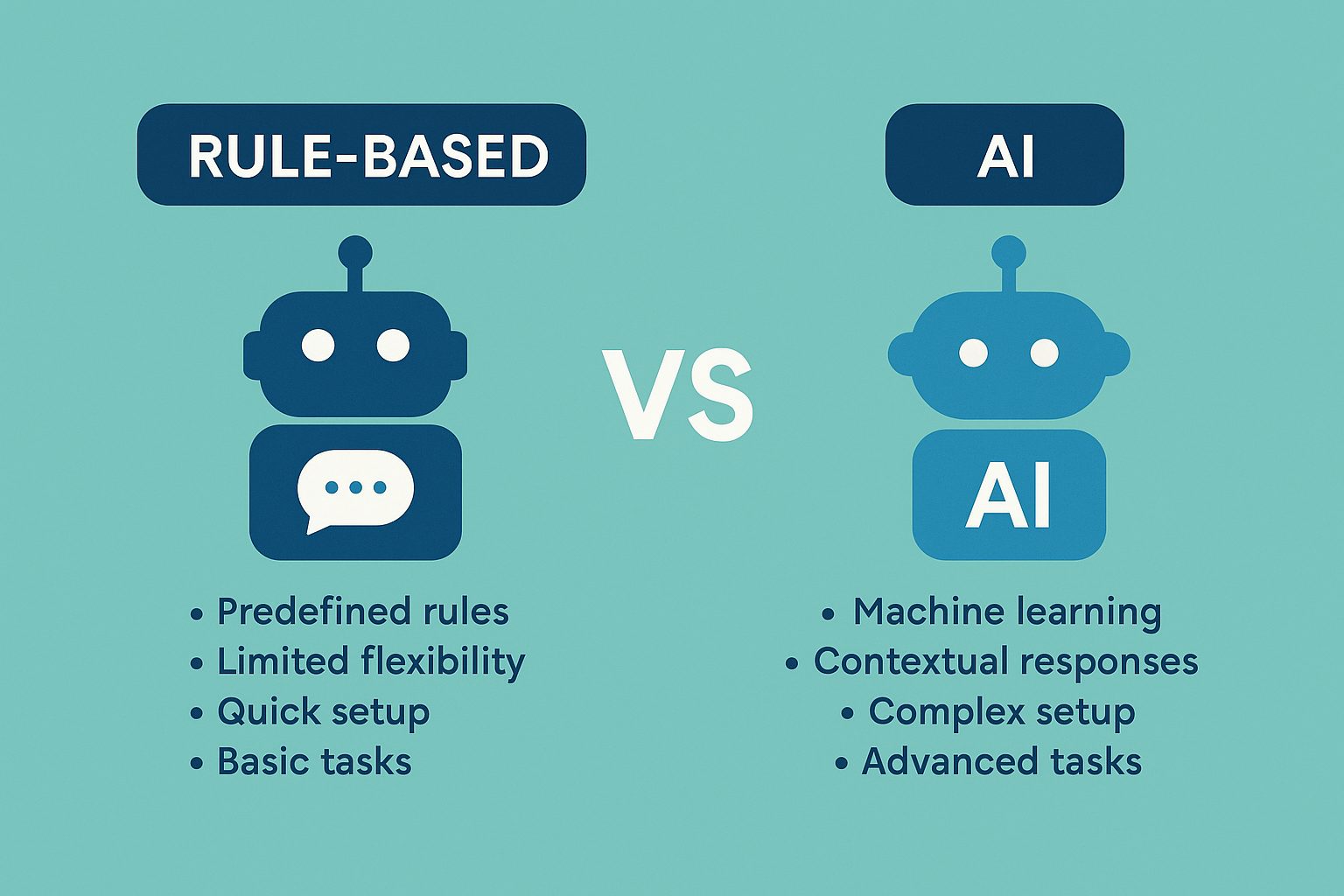 A visual comparison between rule-based and AI-powered chatbots, illustrating differences in functionality, adaptability, and user interaction flow in a modern flat design.