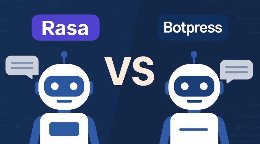 A visual comparison between Rasa and Botpress chatbot platforms, featuring two robot icons with speech bubbles and a "VS" in the center, set against a tech-themed blue background.