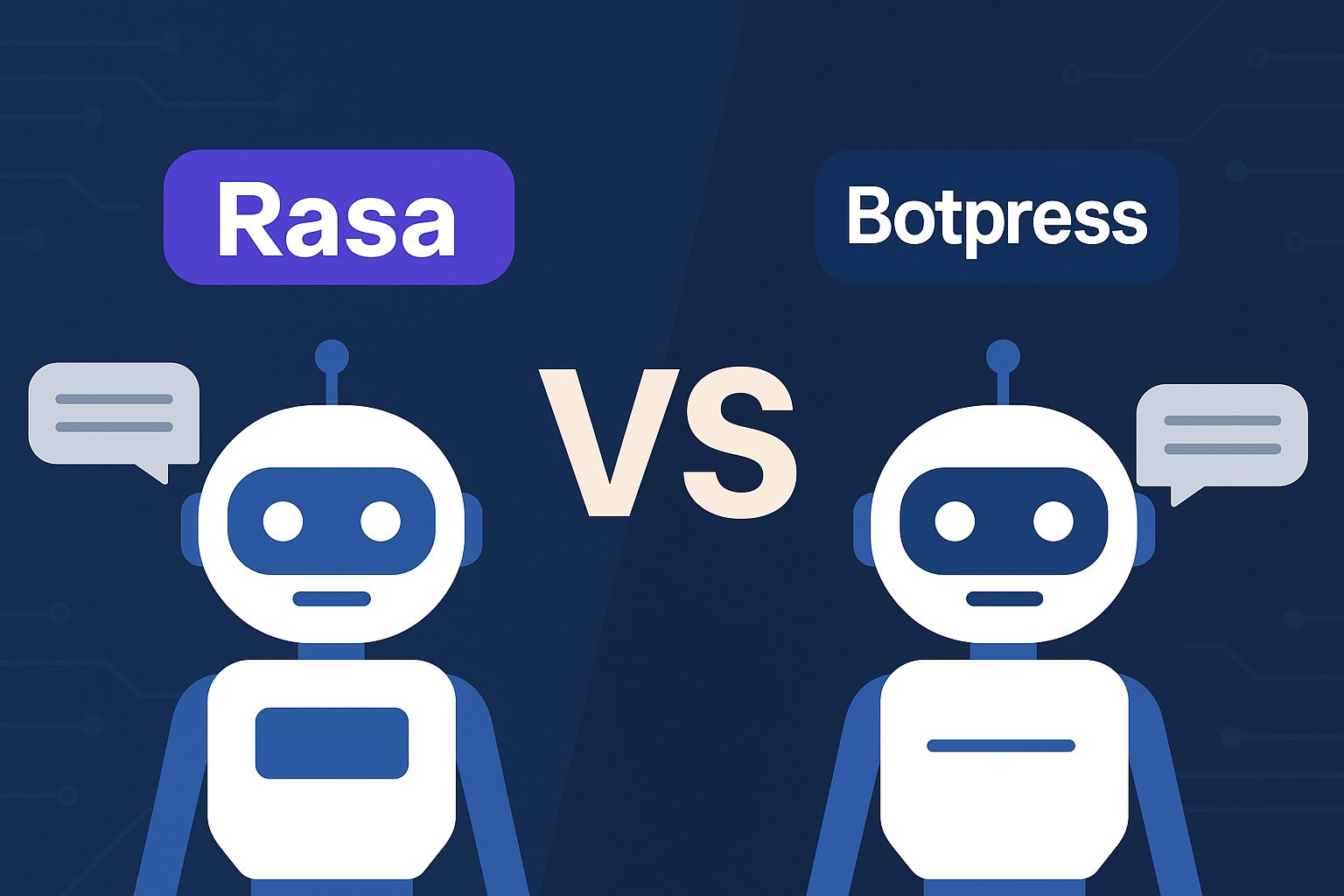 A visual comparison between Rasa and Botpress chatbot platforms, featuring two robot icons with speech bubbles and a "VS" in the center, set against a tech-themed blue background.