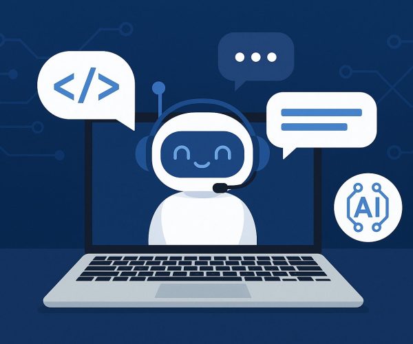 A friendly AI chatbot with a headset appears on a laptop screen, surrounded by speech bubbles and coding symbols, illustrating AI chatbot development in a modern digital environment.