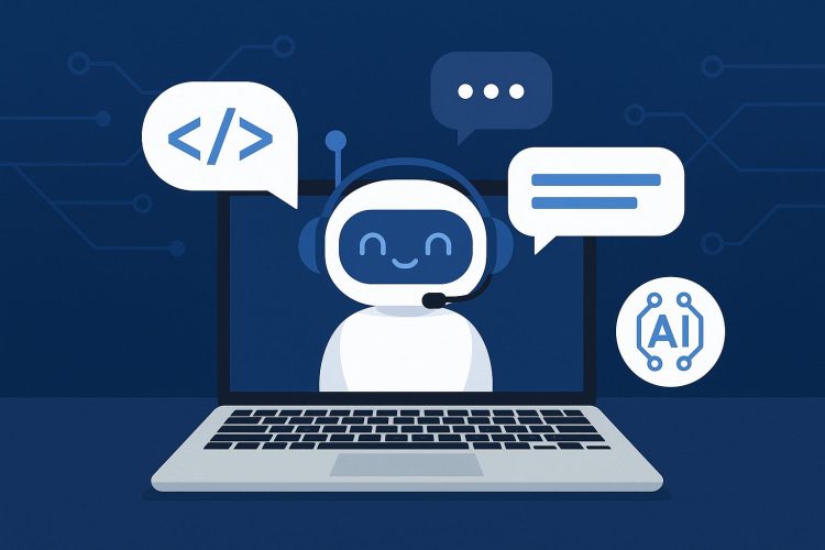 A friendly AI chatbot with a headset appears on a laptop screen, surrounded by speech bubbles and coding symbols, illustrating AI chatbot development in a modern digital environment.