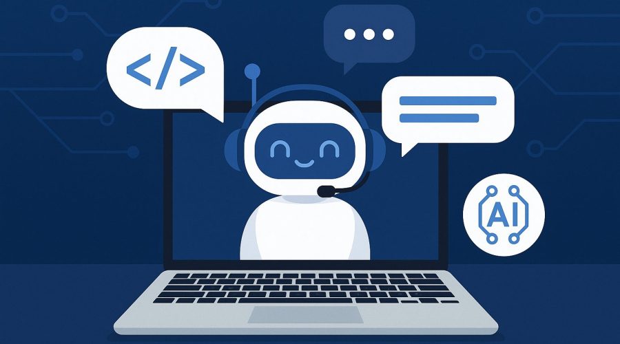 A friendly AI chatbot with a headset appears on a laptop screen, surrounded by speech bubbles and coding symbols, illustrating AI chatbot development in a modern digital environment.