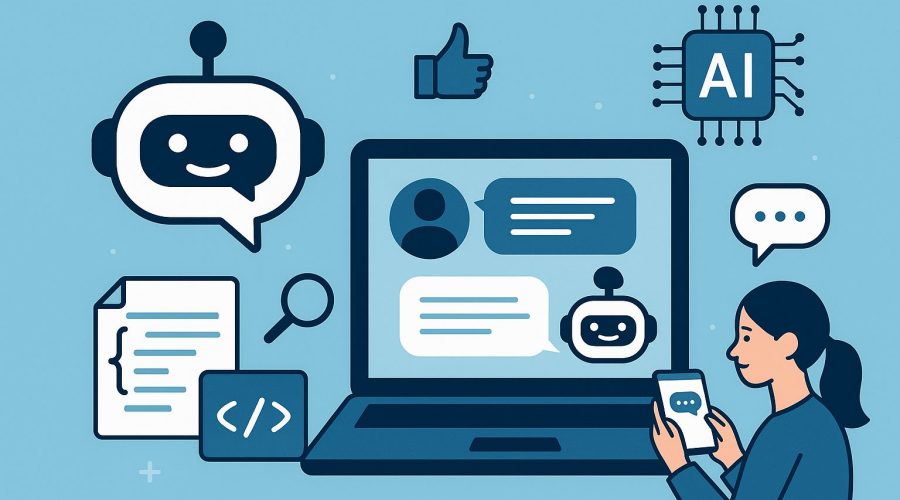 Illustration of AI chatbot interacting with users through computer and smartphone interfaces, representing AI chatbot development for optimized user experience.