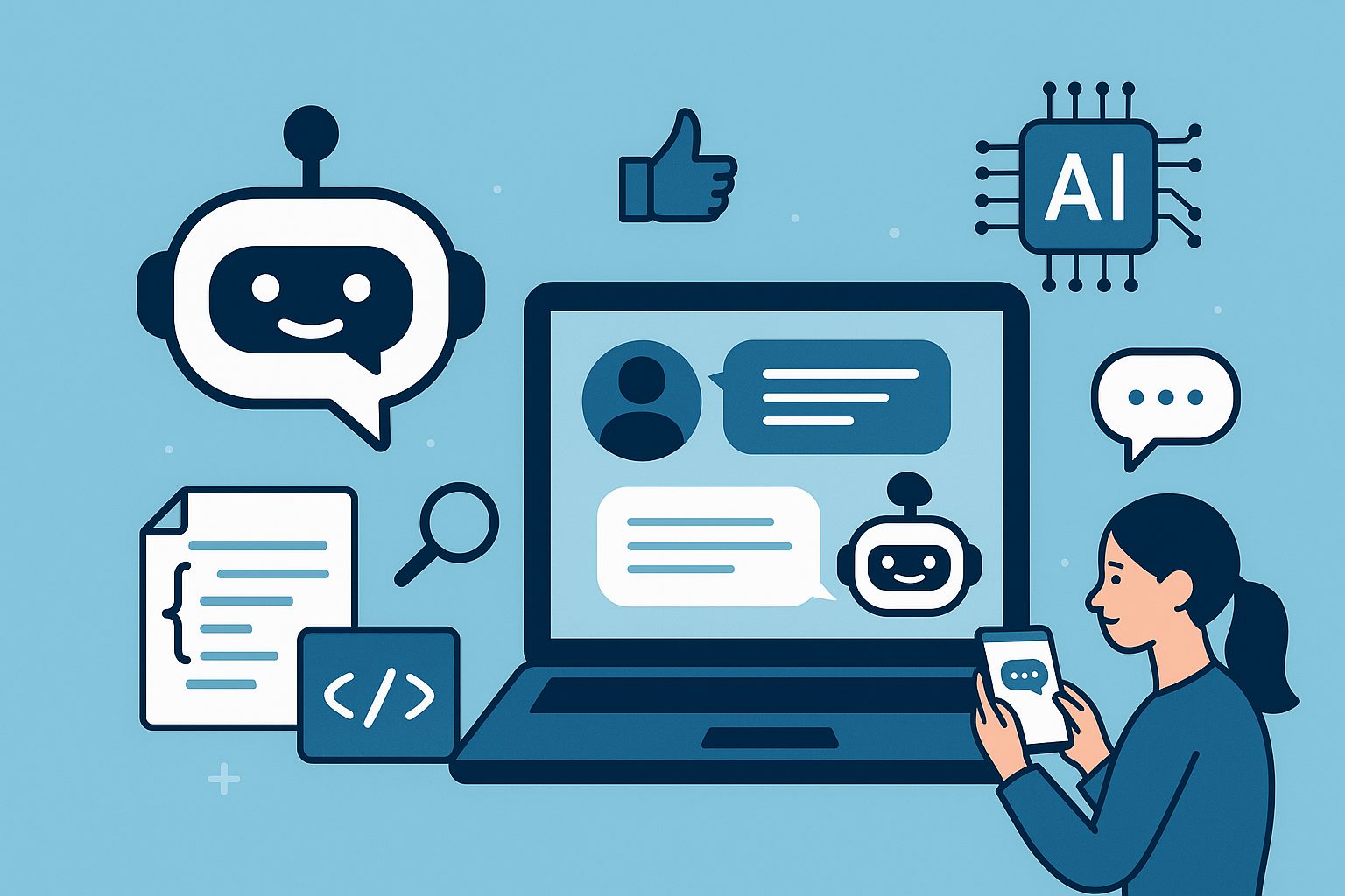 Illustration of AI chatbot interacting with users through computer and smartphone interfaces, representing AI chatbot development for optimized user experience.