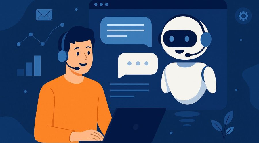 A 2D digital illustration showing a chatbot AI system assisting a customer through a laptop interface in a business environment, representing automated customer support powered by artificial intelligence.