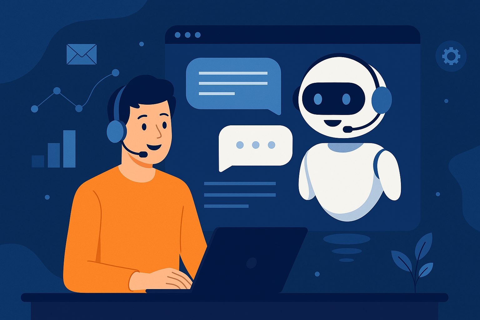 A 2D digital illustration showing a chatbot AI system assisting a customer through a laptop interface in a business environment, representing automated customer support powered by artificial intelligence.