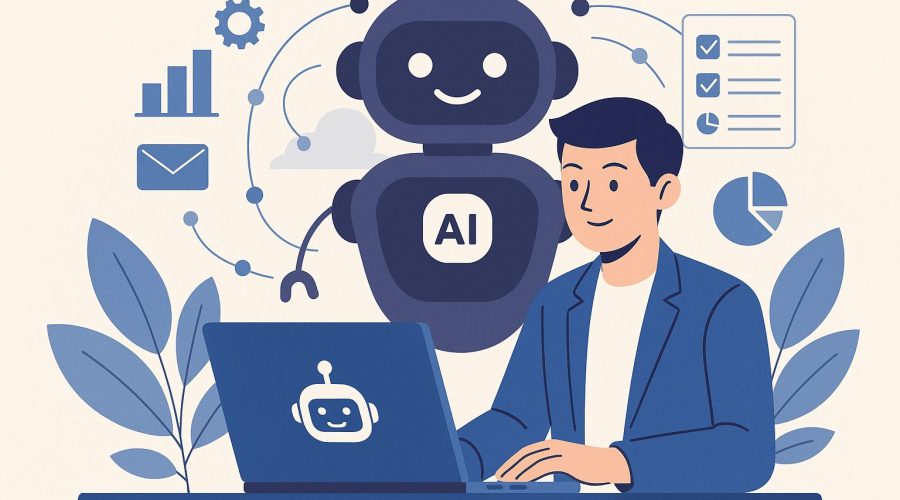 Businessman using a laptop with an AI chatbot assistant, symbolizing how small businesses can start with AI chatbot development, supported by digital icons like charts and gears.