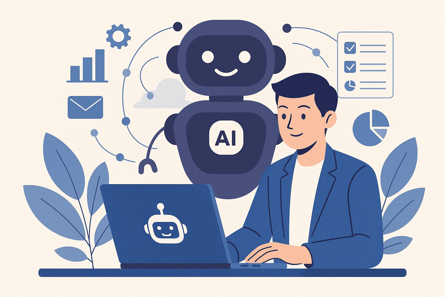 Businessman using a laptop with an AI chatbot assistant, symbolizing how small businesses can start with AI chatbot development, supported by digital icons like charts and gears.