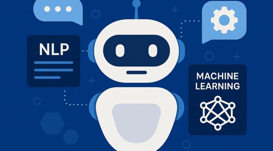 Illustration of a chatbot robot surrounded by icons representing NLP and Machine Learning concepts, symbolizing AI chatbot development techniques.