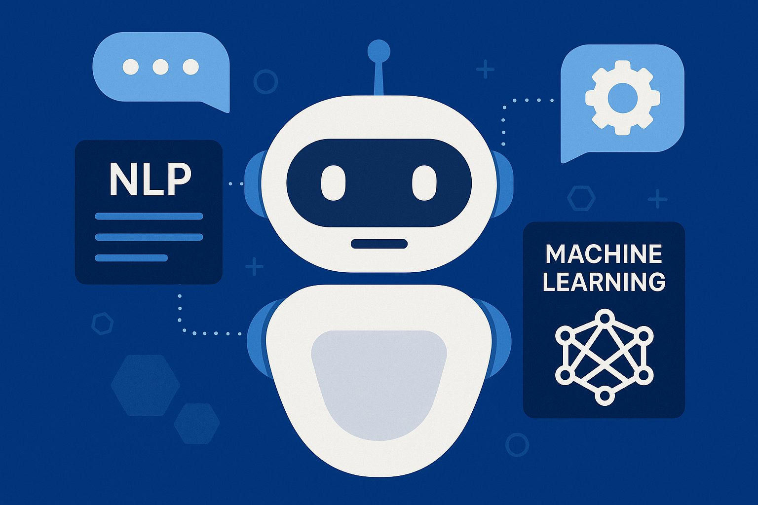 Illustration of a chatbot robot surrounded by icons representing NLP and Machine Learning concepts, symbolizing AI chatbot development techniques.