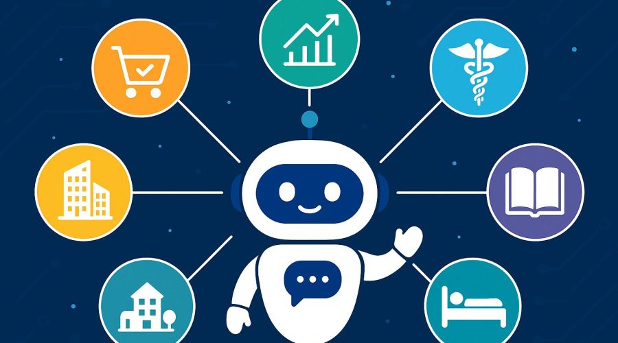 AI chatbot robot surrounded by industry icons, representing potential sectors for chatbot AI implementation such as retail, finance, healthcare, education, real estate, public services, and hospitality.
