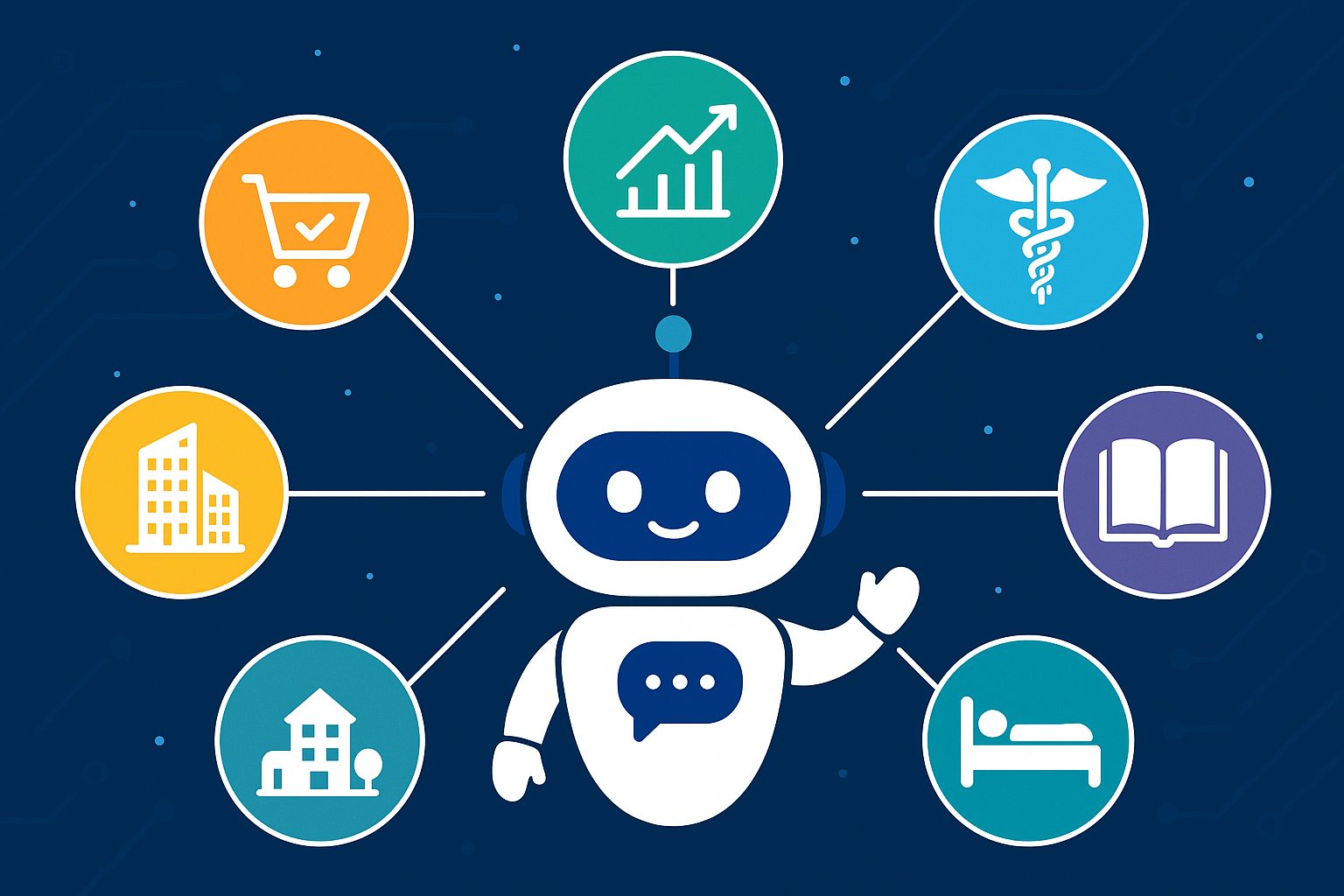 AI chatbot robot surrounded by industry icons, representing potential sectors for chatbot AI implementation such as retail, finance, healthcare, education, real estate, public services, and hospitality.