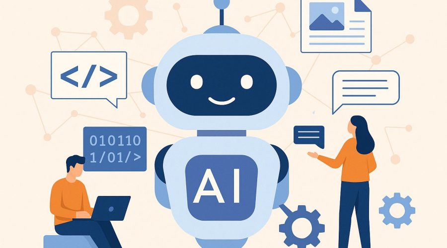 AI chatbot illustration showing a robot assistant with developers updating dynamic content, symbolizing AI chatbot development and content management
