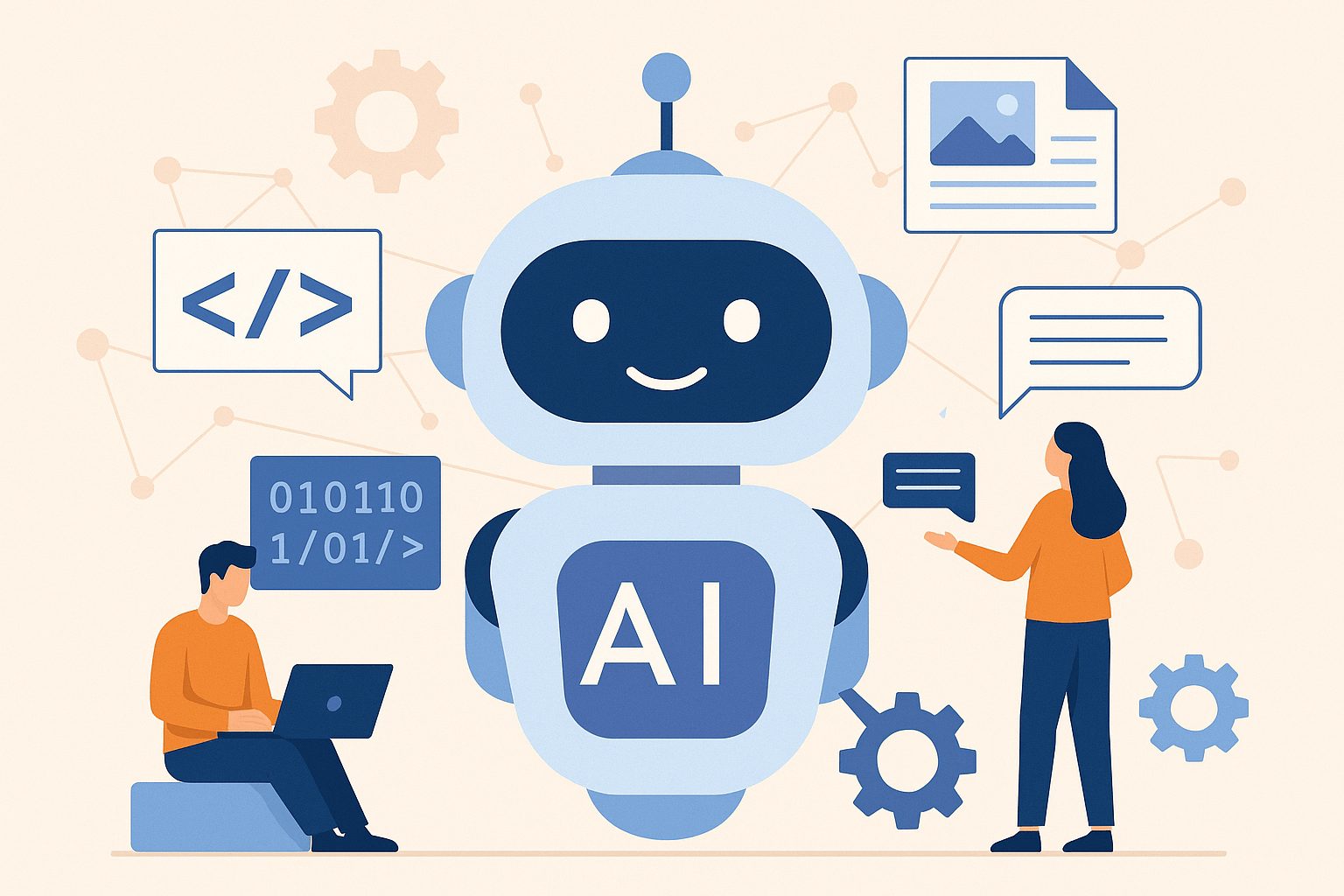 AI chatbot illustration showing a robot assistant with developers updating dynamic content, symbolizing AI chatbot development and content management