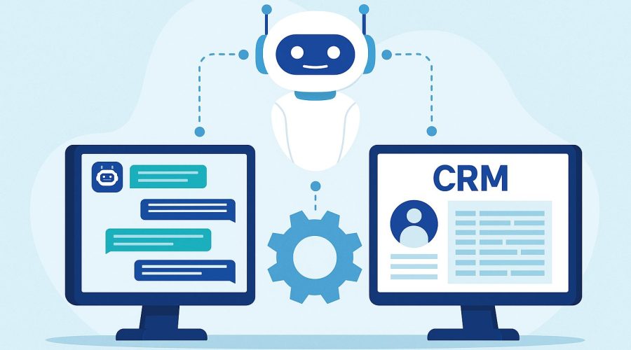 Illustration of an AI chatbot integrating with a CRM system, featuring a robot connecting two computer screens—one displaying chatbot messages and the other showing CRM data—symbolizing automation and customer interaction management.