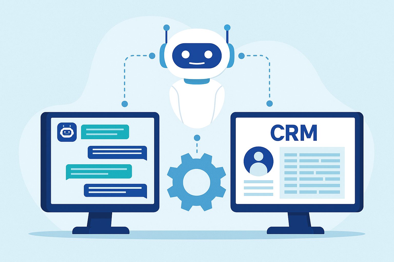 Illustration of an AI chatbot integrating with a CRM system, featuring a robot connecting two computer screens—one displaying chatbot messages and the other showing CRM data—symbolizing automation and customer interaction management.