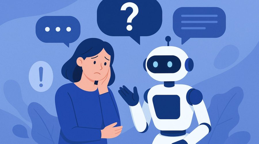 Illustration of a concerned woman interacting with a friendly AI chatbot, discussing a sensitive situation, with speech bubbles indicating conversation and uncertainty.