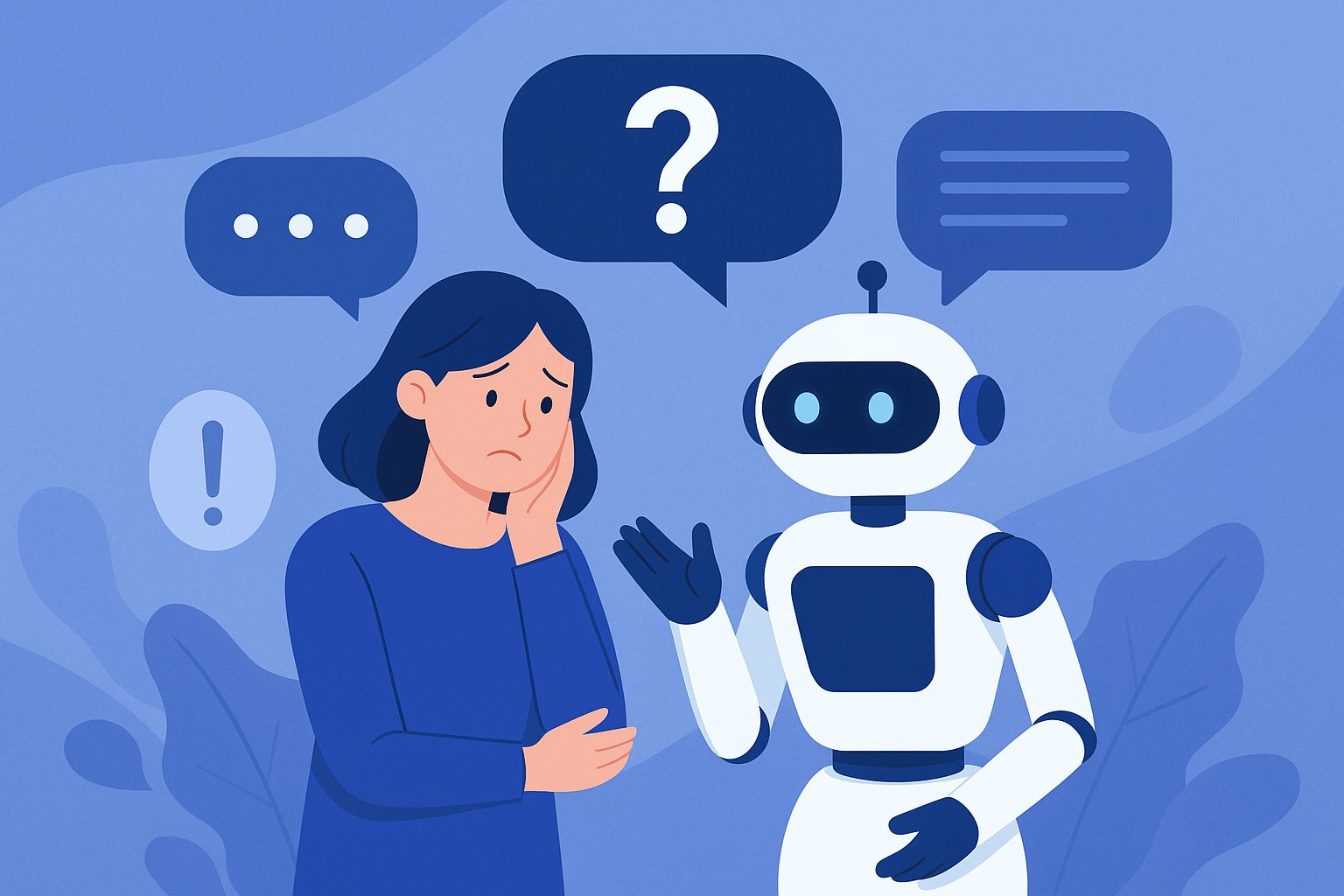 Illustration of a concerned woman interacting with a friendly AI chatbot, discussing a sensitive situation, with speech bubbles indicating conversation and uncertainty.