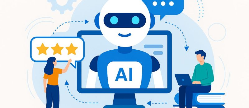 AI chatbot learning from customer feedback, featuring a friendly robot on a computer screen, a woman giving a star rating, and a man working on a laptop in a modern digital illustration.