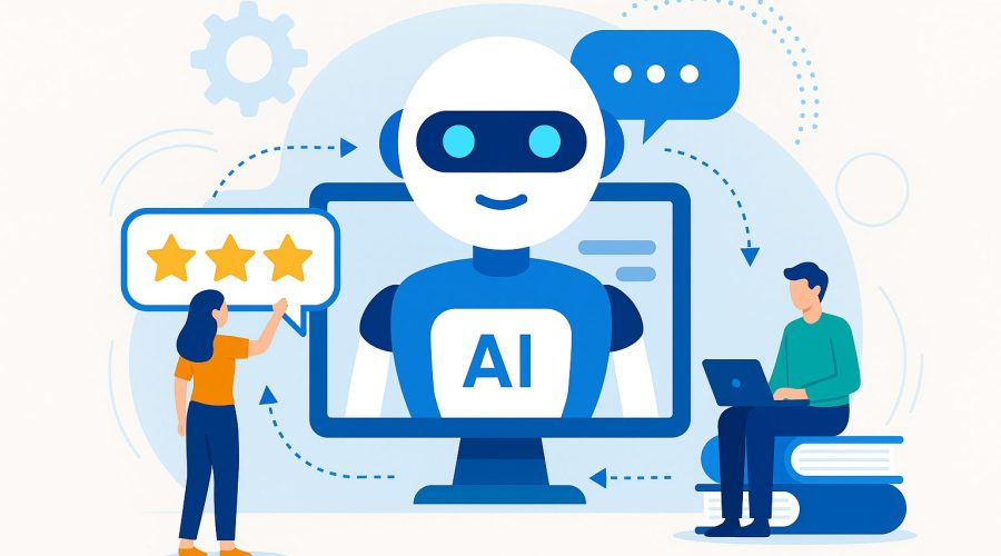 AI chatbot learning from customer feedback, featuring a friendly robot on a computer screen, a woman giving a star rating, and a man working on a laptop in a modern digital illustration.