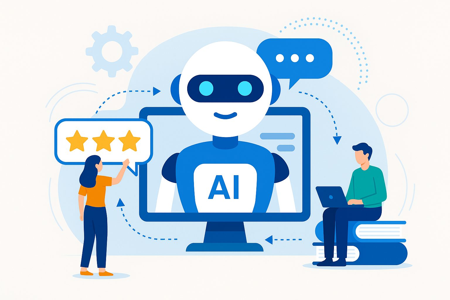 AI chatbot learning from customer feedback, featuring a friendly robot on a computer screen, a woman giving a star rating, and a man working on a laptop in a modern digital illustration.